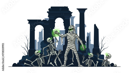 Ancient Mummy's Summoning: A captivating depiction of an ancient mummy standing tall amidst skeletal figures, emanating mystical green orbs against a backdrop of weathered ruins.