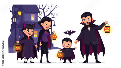 Halloween Family Celebration: A charming family dressed in Halloween costumes walks through a festive street. with their grinning pumpkin lanterns.