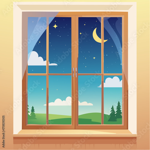 Night sky in window frame. Interior element icon