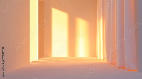 Empty sunlit interior with sheer curtains