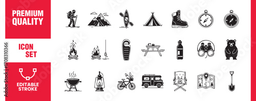 Camping and outdoor activities icon set collection of vector line art illustrations depicting various camping, hiking, and outdoor adventure elements