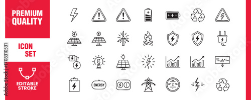 Renewable energy and sustainability icon set collection of vector line art illustrations depicting various energy, environment, and ecofriendly elements