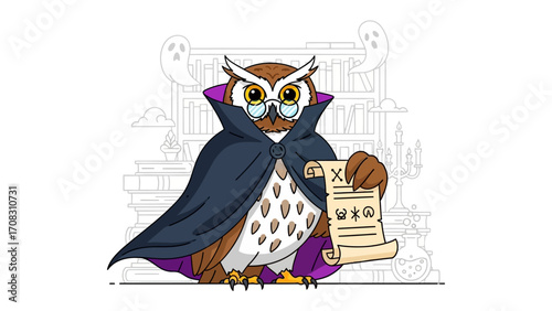 Wise Owl's Spooky Decree: An owl, cloaked in a vampire-like attire, its spectacles perched delicately on its beak, confidently brandishes a mysterious scroll.