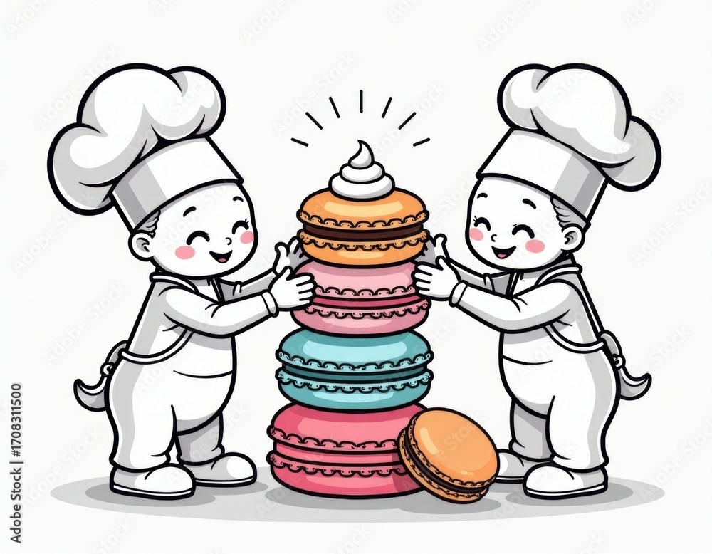Naklejka premium Happy Little Bakers with Colorful Macaron Tower Illustration