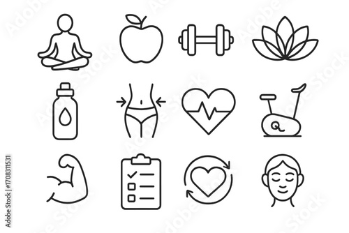 Wellness and health outline icon set with yoga poses, nutrition symbols, fitness equipment, meditation, body slimming, heart rate, and muscle strength linear style vector cartoon illustration