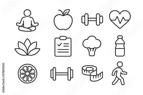 Wellness and health outline icon set with yoga pose, nutrition symbols, fitness equipment, healthy lifestyle icons in clean linear style, vector cartoon illustration, transparent background