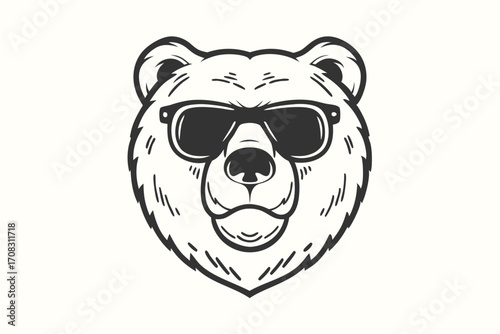 Detailed bear head wearing sunglasses showcases a bold outline and striking monochrome palette