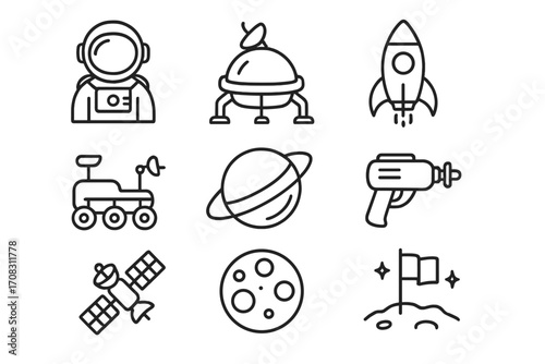 Space exploration icon set outline style cosmic adventure essentials, astronaut, rocket, satellite, moon, planet, rover, space gun, lunar flag, vector cartoon transparent background