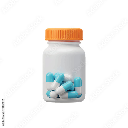 White plastic bottle with orange cap filled with blue and white capsules.