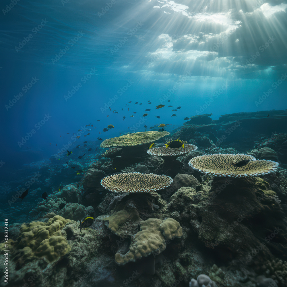 Obraz premium Sunlit Coral Reef Ecosystem A Vibrant Underwater World with Diverse Marine Life and Shallow Ocean Sunlight Scenery
