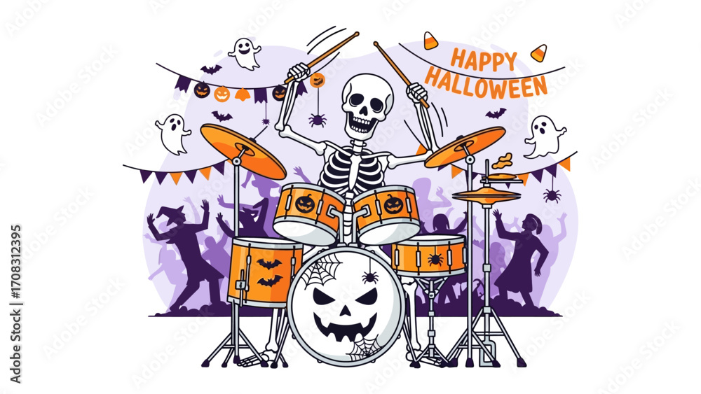Obraz premium Spooky Beat: Halloween-themed illustration features a skeleton enthusiastically drumming on a colorful drum set, surrounded by festive decorations, setting a lively mood for the holiday.