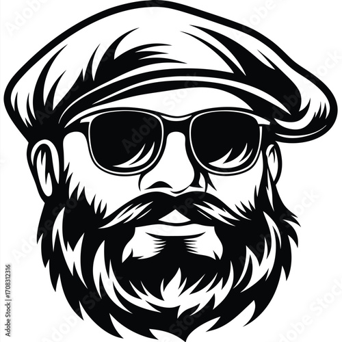 Bearded man with sunglasses and beret in a black portrait appears serious
