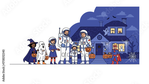 Spooky Halloween Fun: A captivating illustration captures a festive Halloween scene, where children in vibrant costumes embark on a joyous trick-or-treating adventure.