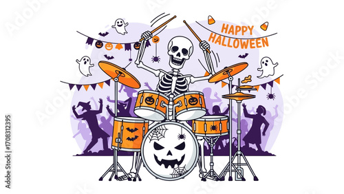 Spooky Beat: Halloween-themed illustration features a skeleton enthusiastically drumming on a colorful drum set, surrounded by festive decorations, setting a lively mood for the holiday.