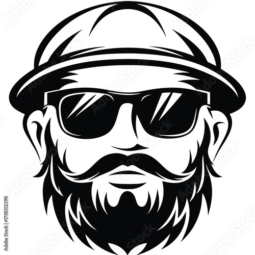Bearded man with sunglasses and hat in monochrome exudes bold confidence and style