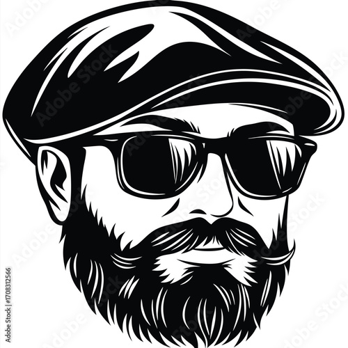 Bearded man in sunglasses and cap shows a confident, solid black and white style
