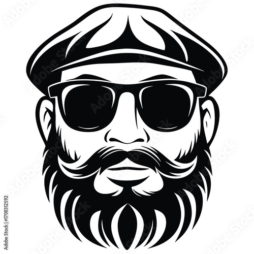 Bearded hipster wears a flat cap and black sunglasses with stylish mustache