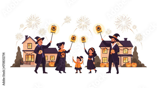Halloween Family Celebrations: A joyful family gathers on Halloween night.