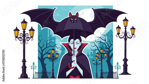 Mysterious Night Vampire in a Scene: A vampire, cloaked in mystery, stands beneath an umbrella with bat-wing design, lantern, at the heart of a moonlit night scene evoking eerie atmosphere.