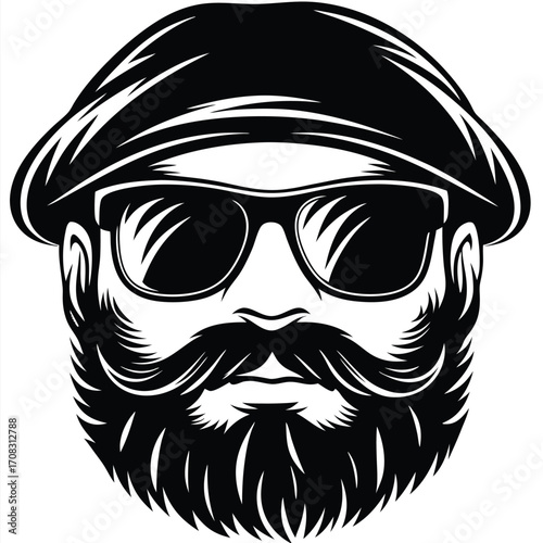 Black and white of a bearded man wearing a newsboy cap and sunglasses