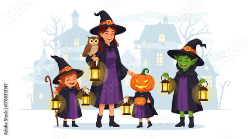 Spooky Halloween Gathering: A charming illustration of a family dressed in witch costumes, embarking on a Halloween adventure amidst haunted houses and an air of delightful fright. 