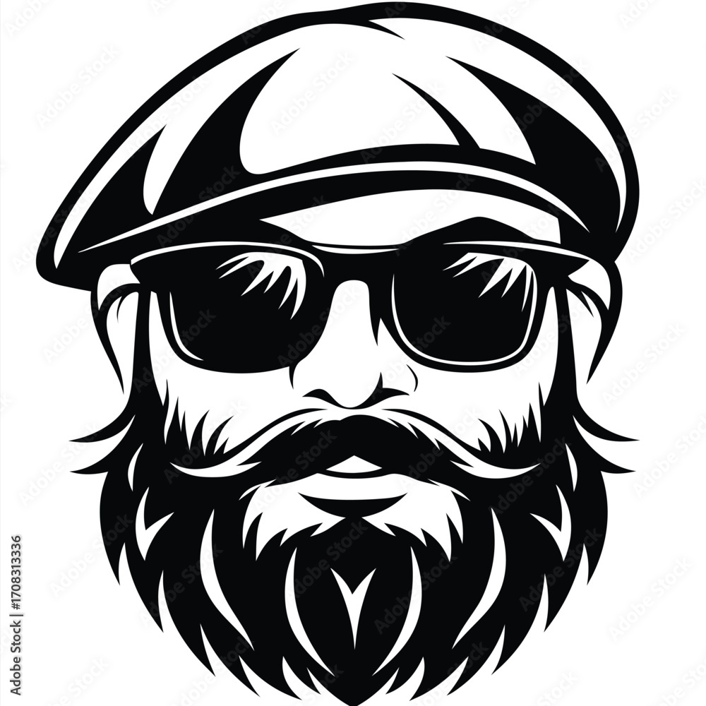 Obraz premium Isolated monochrome shows a bearded man wearing sunglasses and beret hat