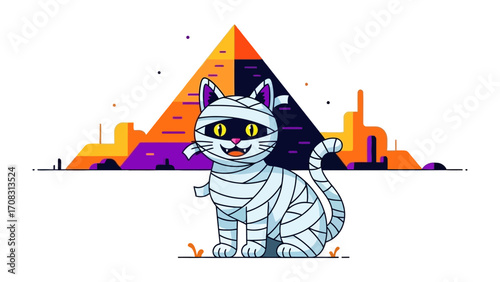 Egyptian Cat Mummy Illustration: A cute illustration of a mummy cat against a vibrant illustration of pyramids and landscape, perfect for Halloween celebration.