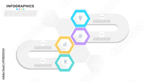 A modern infographic template with 4 hexagons showing a cyclical process. Use for business, marketing, project planning, or workflow presentations.