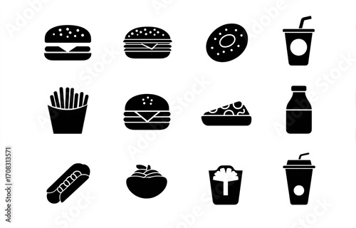 Simple black icons of various fast food items