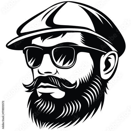 Bearded man in a cap and sunglasses shows strong silhouette presence, rendered in stark black and white