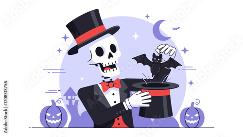 Spooky Magic Trick: A skeletal magician unveils a bat from their top hat, setting a Halloween atmosphere and whimsical design.