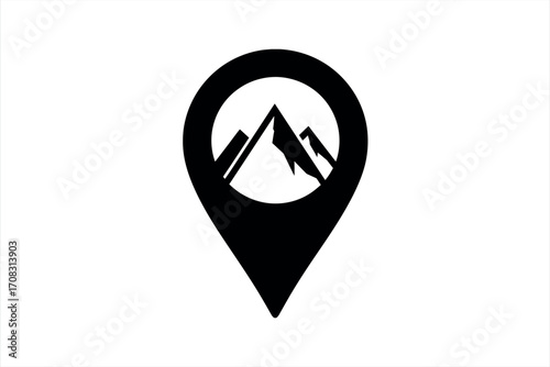 Black mountain peaks inside a location pin icon on white background map marker navigation