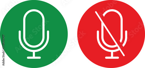 Microphone and mute microphone icon set. Silent audio or sound symbol. Green microphone and red mute microphone icons collection