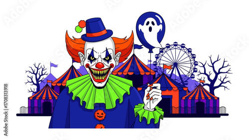Spooky Carnival Clown: A chilling clown lurks at a carnival with a scary balloon, capturing the dark and eerie atmosphere of Halloween.
