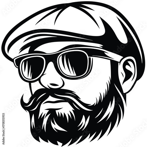 Bearded man wearing a cap and sunglasses has a serious look in black and white