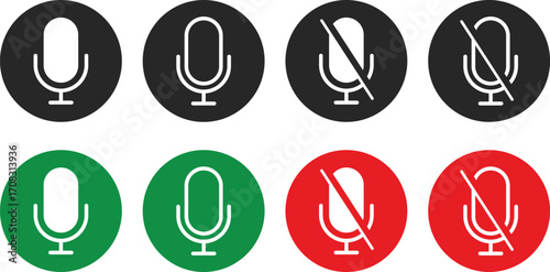 Microphone and mute microphone icon set. Silent audio or sound symbol. Green microphone and red mute microphone icons collection