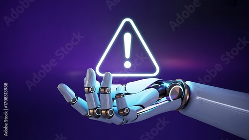Futuristic robot hand presents glowing warning sign, AI safety concern concept