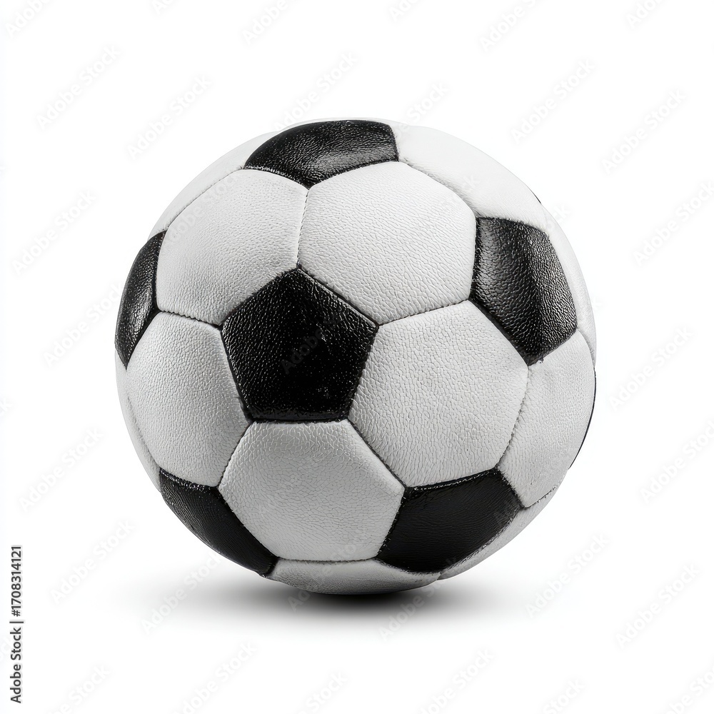 Fototapeta premium Black and white soccer ball, centered on white background. A classic, round ball with alternating panels of black and white