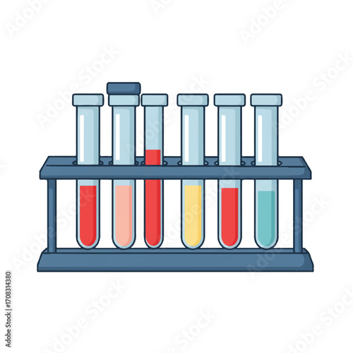 Illustration of test tubes in a rack with colorful liquids.