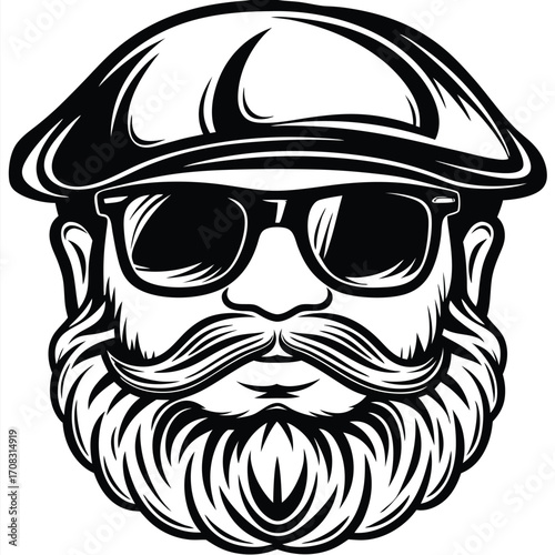 Bearded hipster man wearing sunglasses and newsboy cap displays unique style