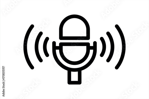 Black outline microphone icon with sound waves on white background audio broadcast