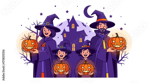Family's Spooky Halloween: A cartoonish family, dressed in Halloween costumes and carrying jack-o'-lanterns, stands before a spooky haunted house under a full moon. Capturing the joy of spooky season.