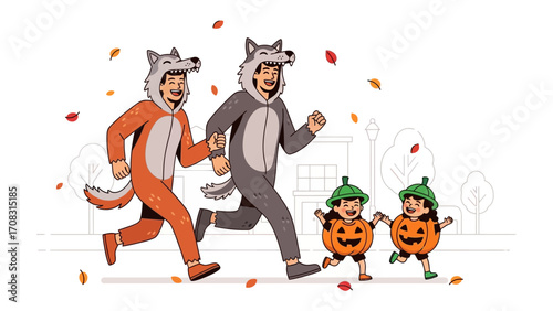 Halloween Family Fun: A whimsical illustration captures a family dressed in festive Halloween costumes enjoying an outdoor walk on a autumn day, with the parents donned in wolf costumes.