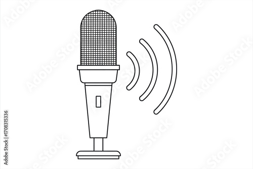 Black outline microphone with sound waves on white background audio broadcast