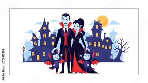 A Spooktacular Family Gathering: A cartoonish vampire family dressed in classic attire stands before a spooky mansion in the twilight, with the eerie silhouette of the full moon as their backdrop.
