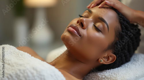 Black woman receiving facial treatment lying on back at spa salon,beauty and skin care,copy space
