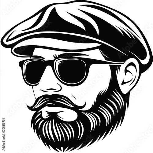 A bearded gentleman with a flat cap and dark sunglasses is outlined in black