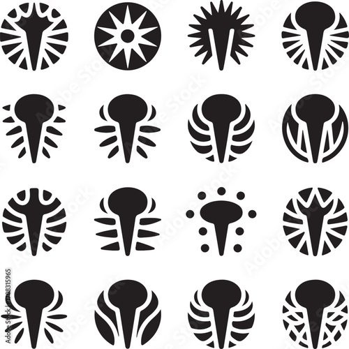 abstract, glyph, symbol, icon, set, tribal, ethnic, indigenous, ancient, prehistoric, alien, futuristic, sci-fi, circular, round, ornament, pattern, rune