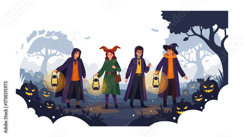 Halloween Lantern Walk: A whimsical illustration of four costumed figures, each clutching a glowing lantern, venturing through a mysterious, moonlit forest.