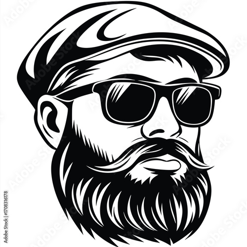 A sophisticated gent with stylish sunglasses and a cap showcases his meticulously groomed beard